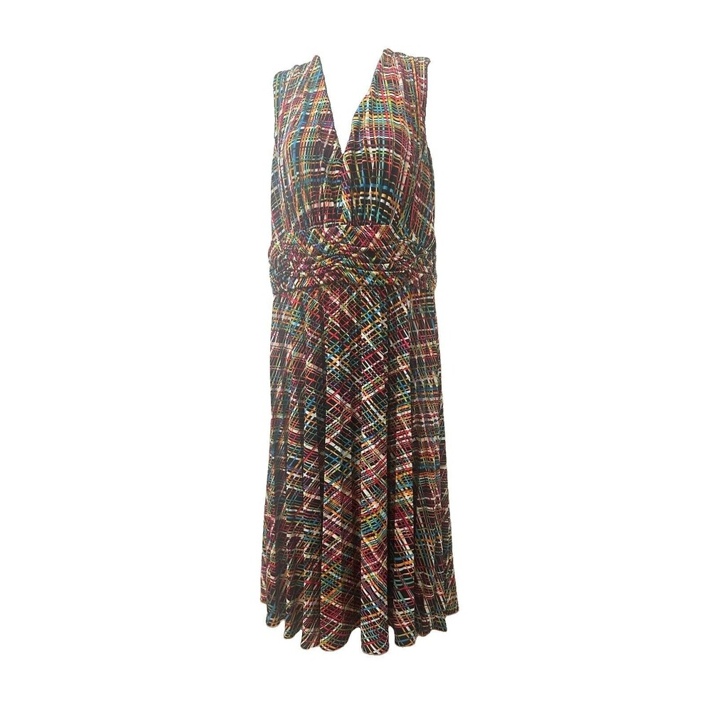Vintage Suzi Chin Maggie Boutique Midi Dress 14 Black Neon Rainbow Plaid Pleated